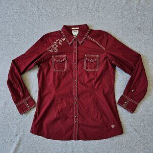 Ariat Womens REAL Maroon Embroidered Snap Up Western Shirt Size XL Rodeo Cowgirl
